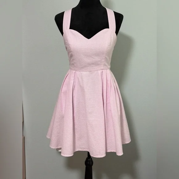 LAUREN JAMES Seersucker Livingston Crossback Back Bow Mini Dress - Small - Picture 1 of 9